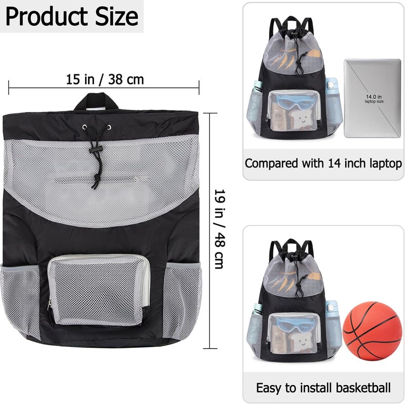Veious Swim Bag for Kids Drawstring Backpack for Boys Lightweight Mesh Beach Backpack Swimming Pool Sports Gym String Bag Black - Image 3
